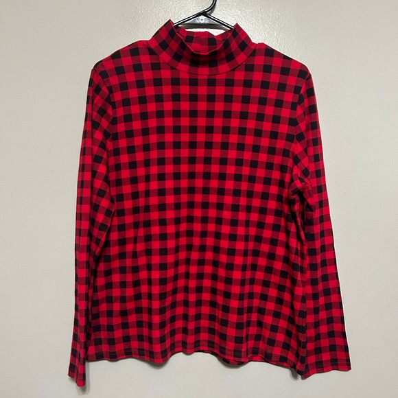 croft & barrow Tops - Croft & Barrow Top Women XL Red Black Buffalo Plaid Mock Neck Cotton Preppy Chic